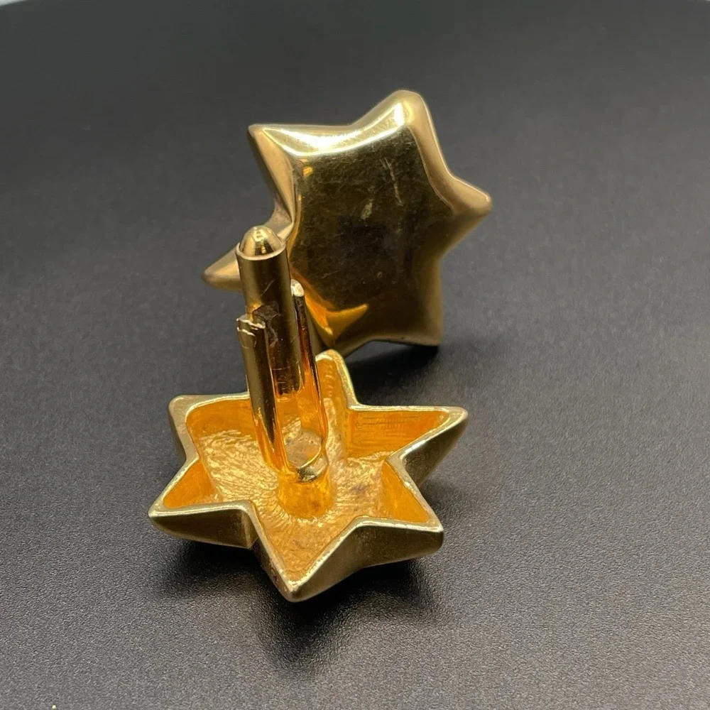 Vintage Chunky Shiny Gold Tone Clip-Back Puffed Star Cuff Links